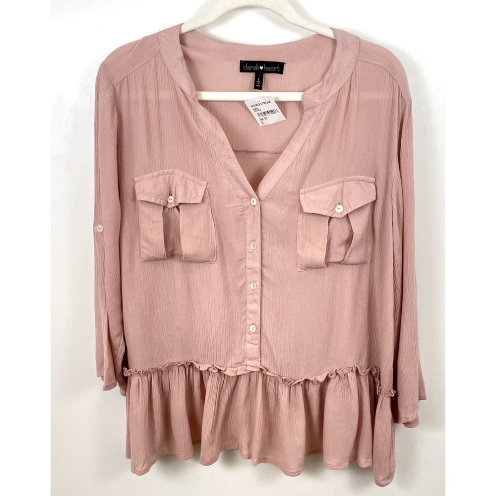Derek Heart Womens Blouse Top Large Pink Rayon Peplum Roll Tab Sleeves Pockets